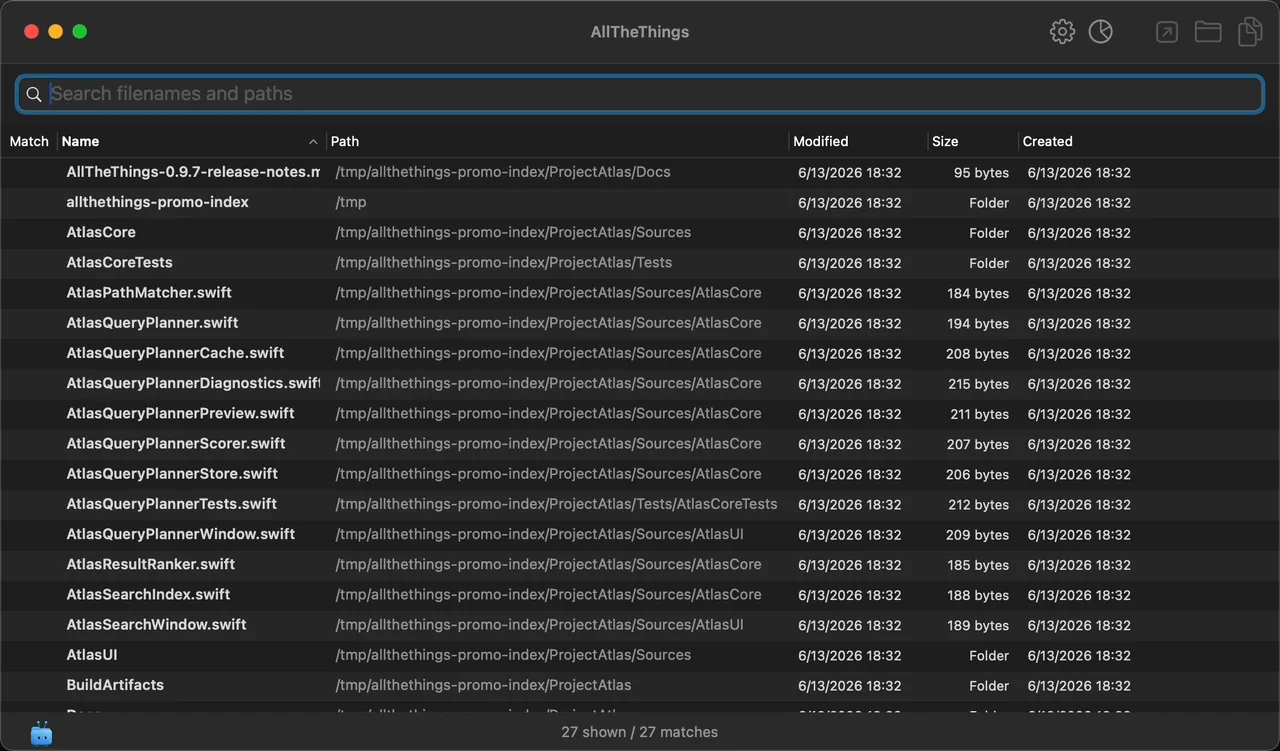 AllTheThings showing a focused search for planner ext:swift in a safe demo folder with middle-word match indicators.